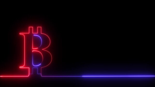 Neon lights Bitcoin sign. Electronic money. Payment system. Business concept. 4k animation Horizontal glowing colorful neon line animation.