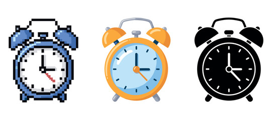 Variety of alarm clocks: pixelated, classic yellow, silhouette designs