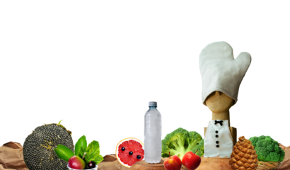 Water, Vegetables, fruits abstract background with chef miniature. Apples, broccoli, seeds, grapefruit, water bottle. Cooking healthy, nutritious food. Body cleansing, obesity reduction. PNG