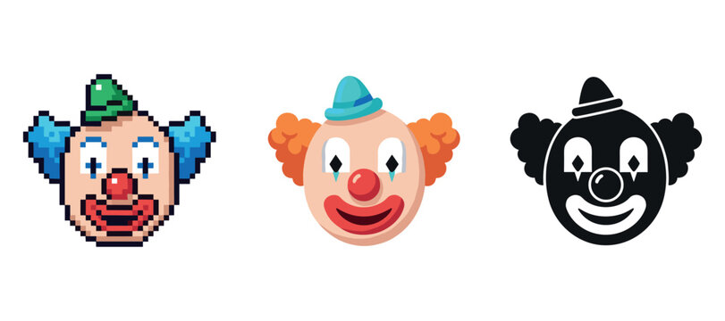 Pixelated and iconic clown faces in various artistic styles