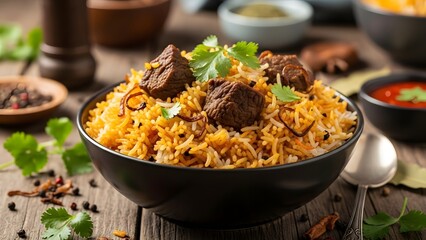 Delicious and aromatic lamb biryani dish with herbs and spices on a rustic wooden table setting