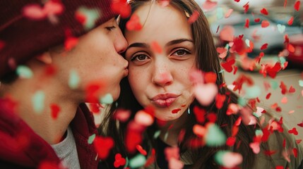 Romantic Young Couple Surrounded by Falling Heart Confetti Outdoors