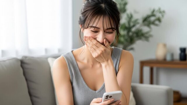 スマートフォンを見ながら口元に手を当てて楽しそうに笑う女性