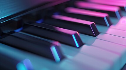 Piano keys rest on a glossy black surface under bright colored lights in a music studio. The setting invites creativity and sound creation
