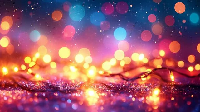 Festive string lights illuminate a sparkling surface, creating a magical and enchanting atmosphere.