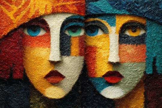 An abstract artistic composition depicting two stylized faces, executed in a geometric and cubist style.  