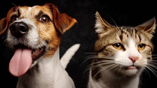 Adorable jack russell terrier and a tabby cat sitting together and making a range of funny faces, from panting and licking to yawning and hissing, isolated on a black background