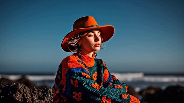 Woman in colorful sweater and orange hat