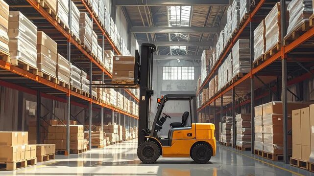 Forklift truck in a large warehouse with shelves full of cardboard boxes.