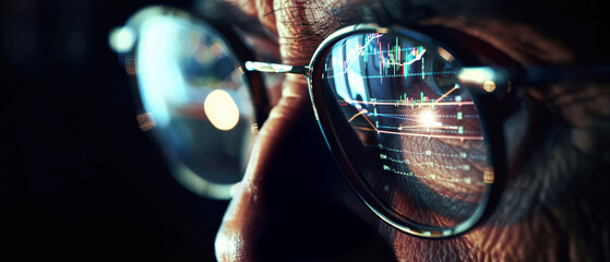 Extreme close up of a face wearing glasses with reflected stock market charts, representing financial analysis, trading, investment strategy, data monitoring, and market volatility.