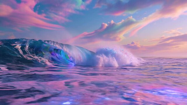 Dreamlike pastel sky illuminating a glowing iridescent ocean wave in a surreal fantasy seascape with rainbow colors