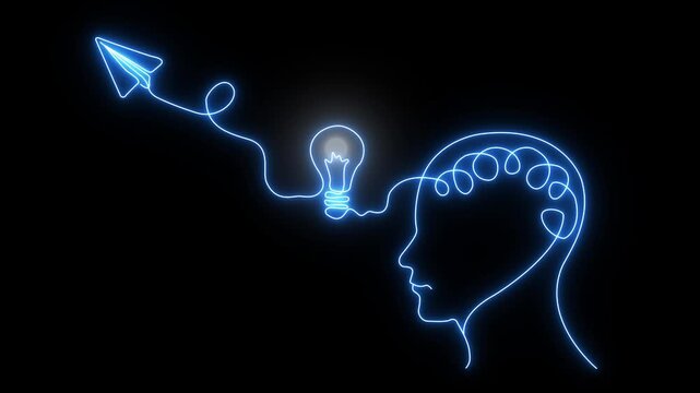 Glowing neon Success Idea Concept with Human Brain, light bulb and flying paper airplane drawing line animation in black background. Creative Mind, Innovation, Creativity and brainstorm