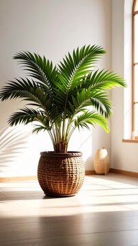 Green foliage of an areca palm houseplant in a woven basket pot indoors with natural sunlight filtering through the window