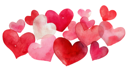 Watercolor hearts group on transparent backdrop in shades of red and pink perfect for valentines day design and love celebration greeting card element