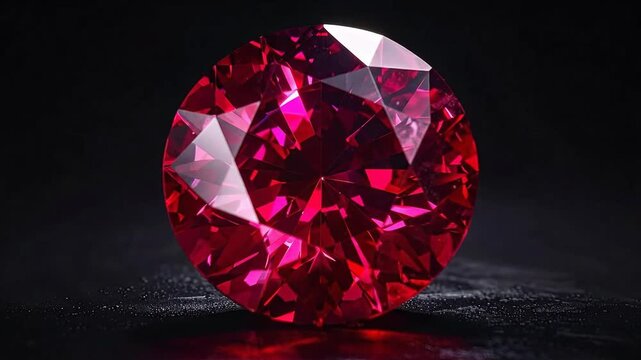 Close-up of a faceted ruby gemstone, showcasing its vibrant red color and intricate cut.
