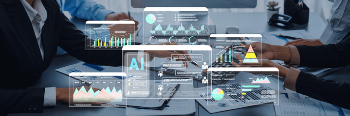 Business professionals engage in a dynamic meeting, utilizing digital charts and graphs to analyze data and discuss strategies in a modern office environment. Trope
