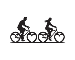 Obraz premium Silhouette couple cycling on bikes with heart shaped wheels for Valentine's Day romantic journey, vector illustration