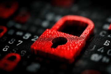 Close-up of a red digital padlock icon on a dark keyboard background symbolizing security and privacy