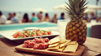 Fresh Tropical Dining: Pineapple and Snacks by the Poolside with a Vibrant Summer Vibe