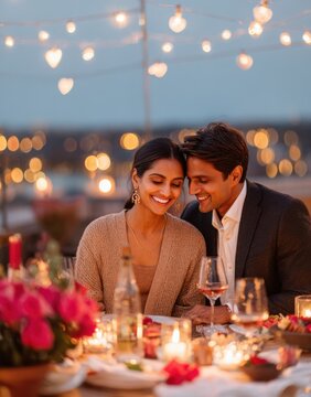 Indian couple enjoying romantic rooftop dinner with candles and flowers