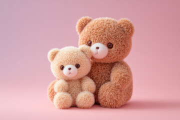 Fototapeta premium Brown Teddy Bear Hugging Small Light Brown Teddy Bear on Pink Background