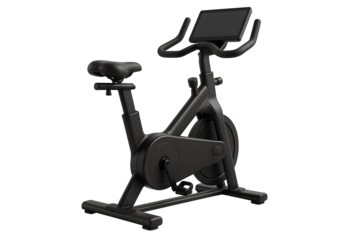 Modern Black Indoor Exercise Bike with Digital Screen for Home Fitness and Cardio Training Isolated on white background