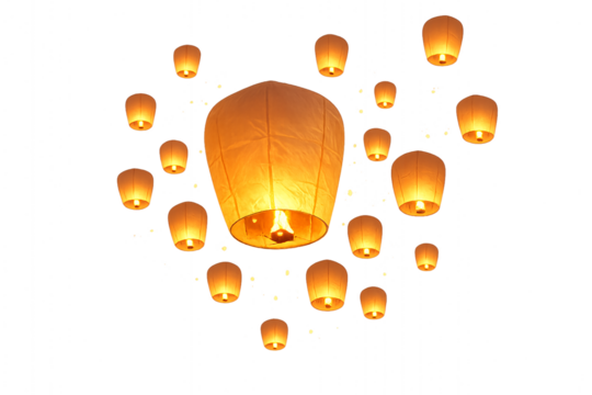 Flying sky lanterns isolated. Lunar New Year traditions. Asian holiday designs. Festive visuals. - Powered by Adobe