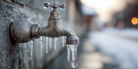 Fototapeta na wymiar Frozen water dripping from an outdoor faucet during winter season in an urban area at sunset near a snowy street