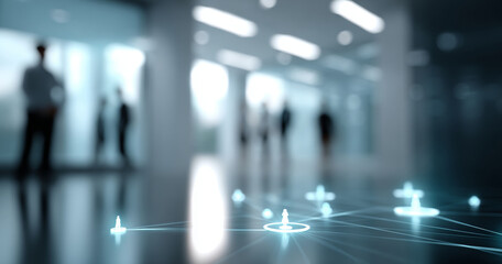 Abstract business networking concept with glowing human icons connected by lines in modern environment with blurred people