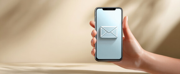 Hand holding smartphone with 3D envelope icon on screen symbolizing email communication and digital messaging on neutral background