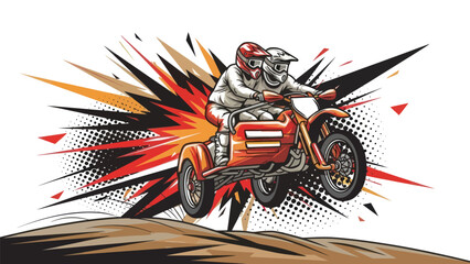 Motocross riders on sidecar motorcycle with explosion effect vector illustration © Muh