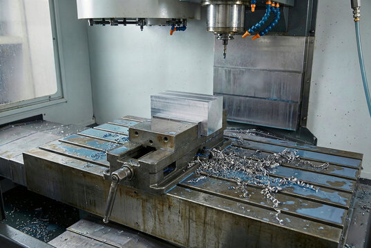 CNC milling machine cutting aluminum block with metal shavings on table