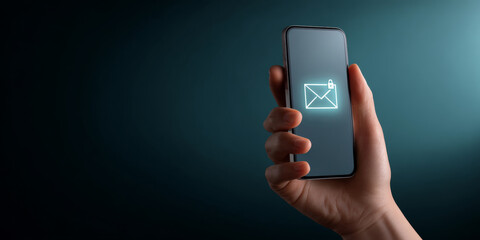 Hand holding smartphone displaying secure email icon with lock symbol on dark gradient background representing digital privacy and communication security