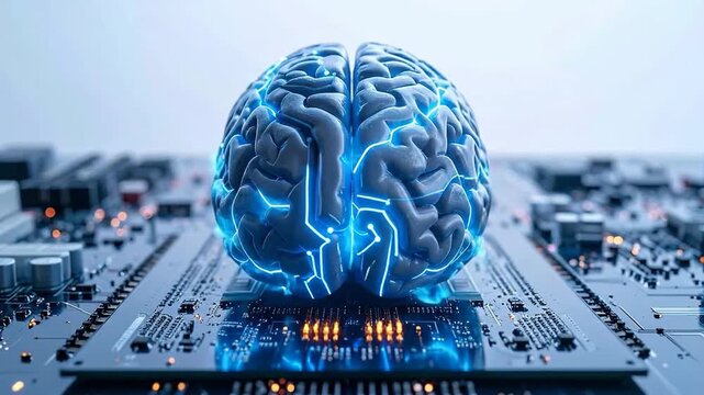 Artificial intelligence brain with glowing neural pathways on a circuit board.
