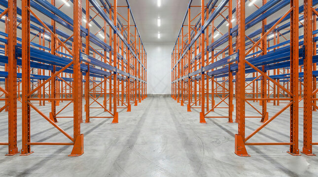 Empty industrial pallet racking system in large warehouse with concrete floor