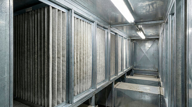 Industrial HVAC air filter bank with pleated media in galvanized metal frame