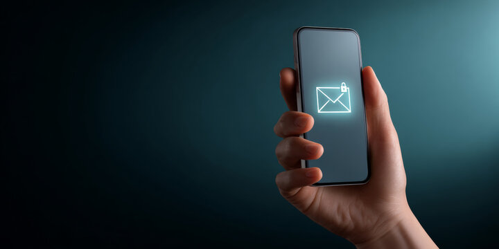 Hand holding smartphone displaying secure email icon with lock symbol on dark gradient background representing digital privacy and communication security - Powered by Adobe