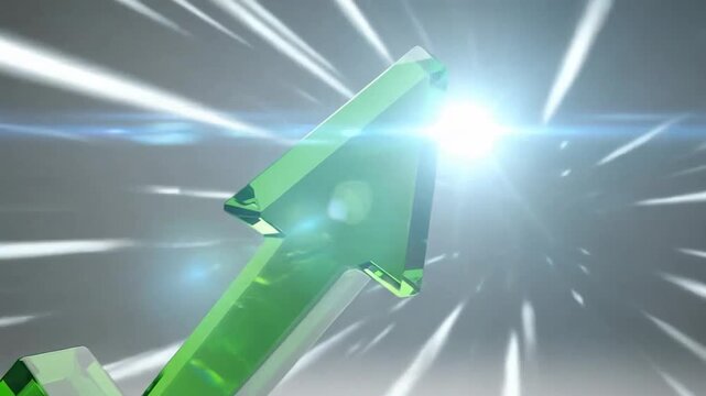 Green glass arrow pointing upwards, symbolizing growth, success, and positive trends.
