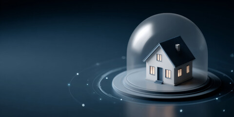 Small illuminated house model protected under transparent dome on futuristic digital platform with dark blue background