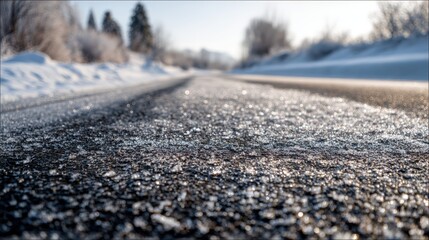 Close-Up of Dry Road Surface Amidst Snowy Landscape with Textured Detail