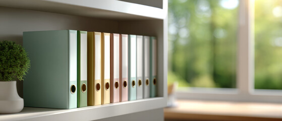 Organized pastel-colored ring binders neatly arranged on a white shelf with a small potted plant beside them in a bright space