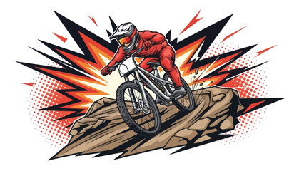 Mountain biker in red suit riding downhill with dynamic explosion effect © Muh