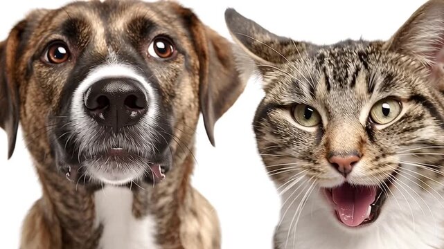 Funny cat and dog making silly faces, changing expressions from happy panting and meowing to surprise and blinking, all isolated on a clean white background in a studio portrait close up