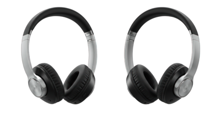 Two Modern Black and Silver Wireless Over-Ear Headphones Isolated on a Transparent Background, Ideal for Audio and Music