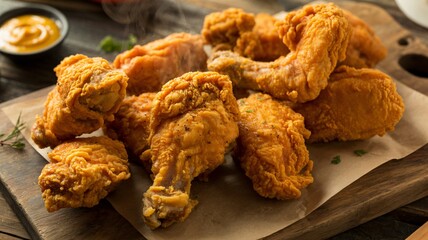 Crispy Fried Chicken Pieces in Rustic Wooden Tray with Warm Golden Lighting for Food Advertising
