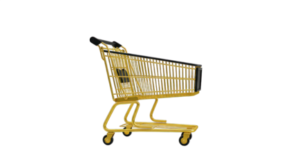 Luxurious Golden Shopping Cart Isolated on Transparent Background. Empty market trolley for premium retail, wealth, and exclusive consumerism concepts.