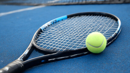 A bright green tennis ball lies next to a black racket on a smooth blue tennis court, ready for a competitive match or practice session
