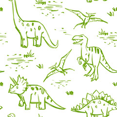 Dinosaurs seamless pattern , set illustrations,monochrome sketch, hand drawn © aksol