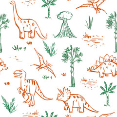 Dinosaurs seamless pattern , set illustrations,monochrome sketch, hand drawn © aksol