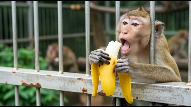 A curious monkey reaches for a banana from a visitor, a funny interaction at the zoo. AI generated.